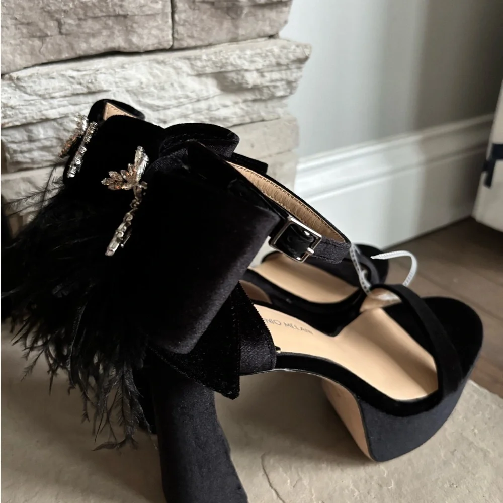 NWT Antonio Melani Velvet Platform Dress feathers bows Sandals heels prom, 8